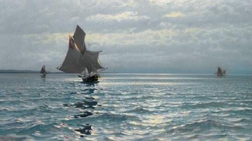 Carl Wilhelm Barth Seilskuter og glitrende sjo Norge oil painting art